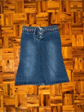 Stone Denim Floral Embroidered Midi Skirt